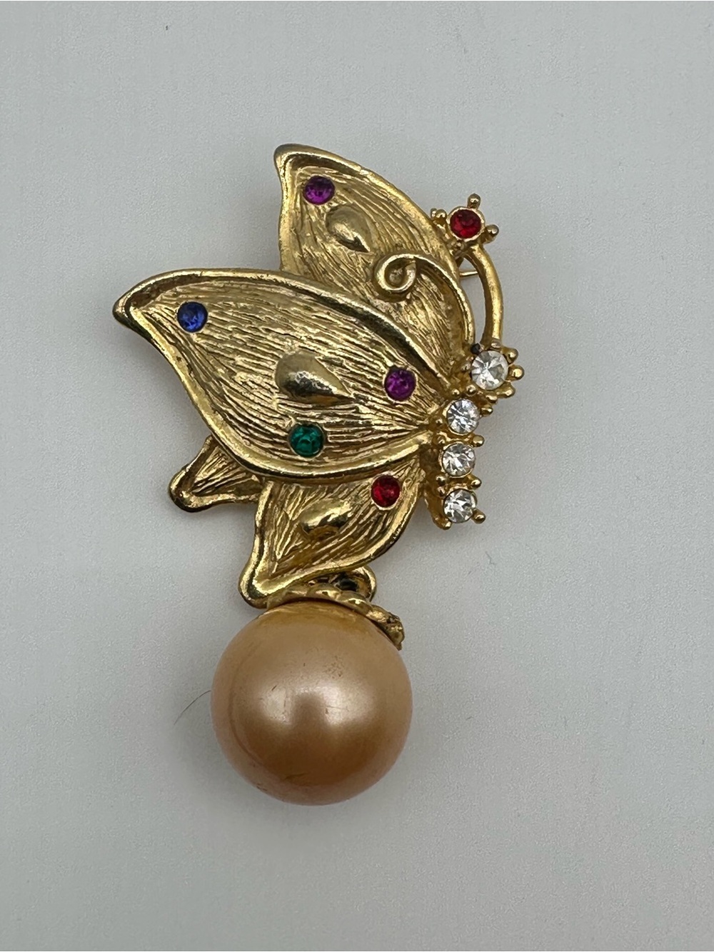 Butterfly Pearl Drop Brooch with Multicolor Accents